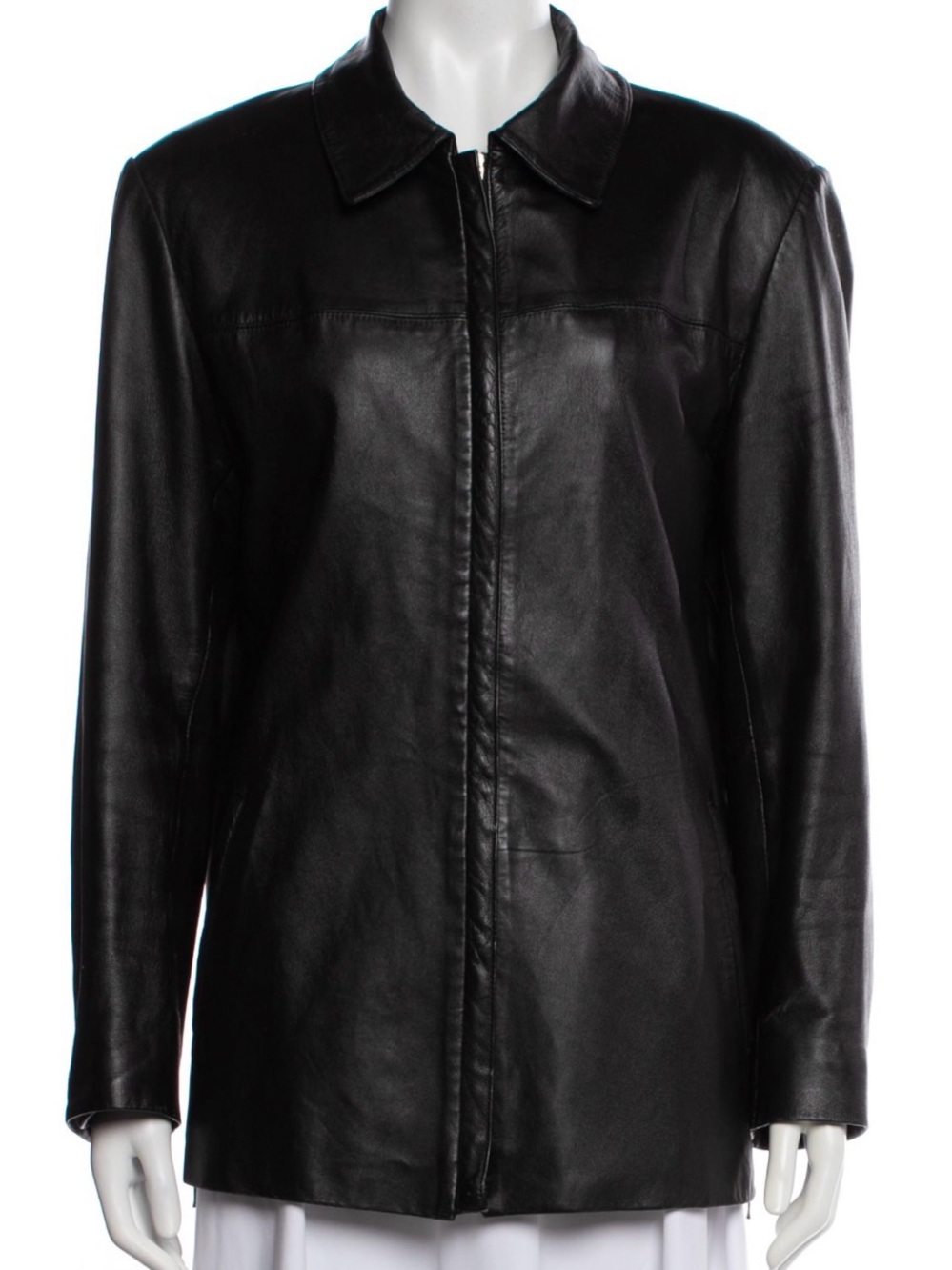 Nicole Miller Genuine Black Leather Zip-Front Jacket